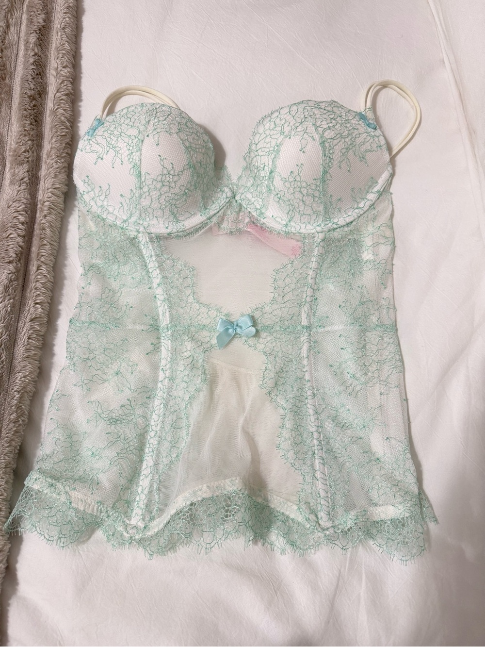 Victoria’s Secret 34B White & mint green/blue Lace Corset Lingerie